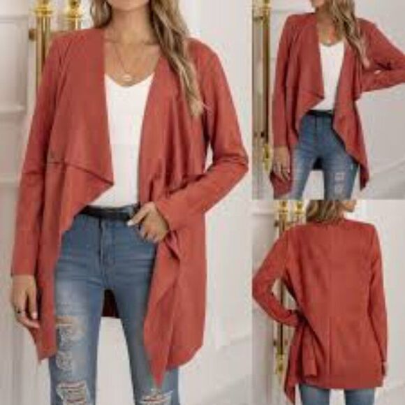 Max Jeans Military Style Drape Long Length Open Front Jacket Dusty Orange - Picture 1 of 10